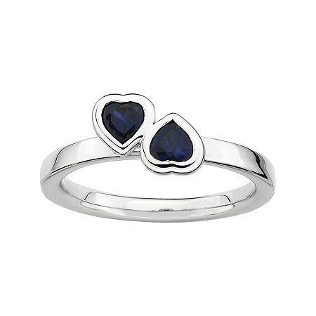 Personally Stackable Lab-created Blue Sapphire Sterling Silver Double-heart Ring