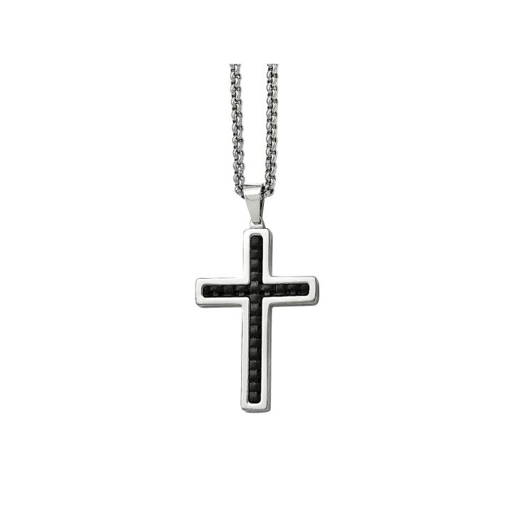 Mens Stainless Steel & Black Leather Inlay Cross Pendant