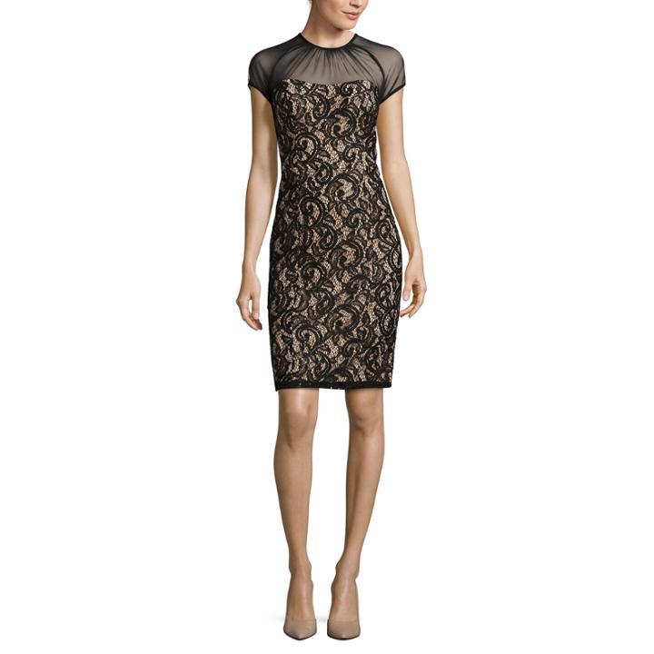 Scarlett Cap-sleeve Illusion-top Lace Sheath Dress