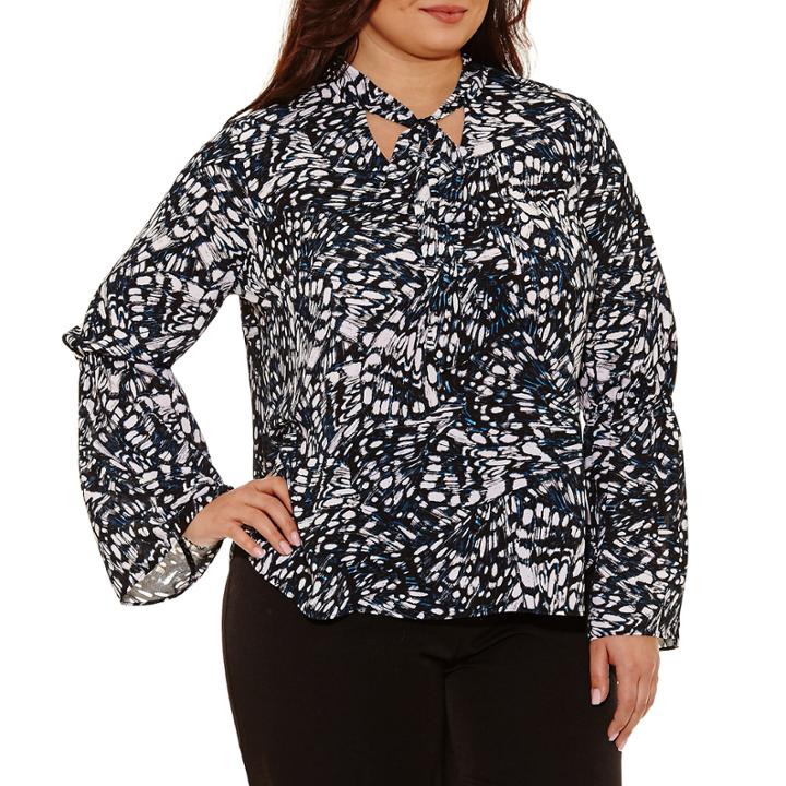 Worthington Long Sleeve Tie Neck Woven Blouse-plus