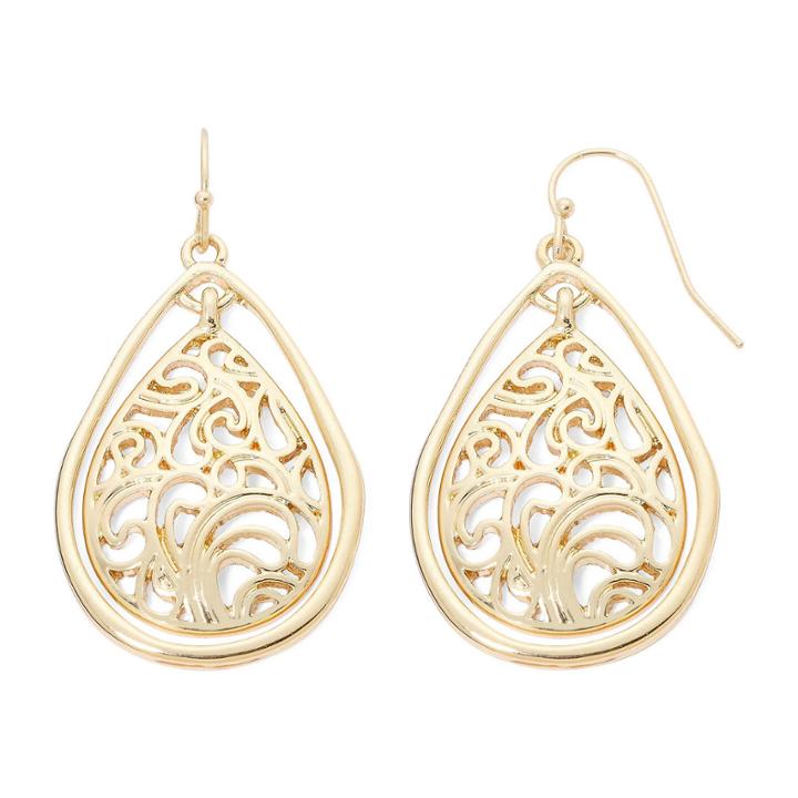 Liz Claiborne Gold-tone Lacy Teardrop Drop Earrings