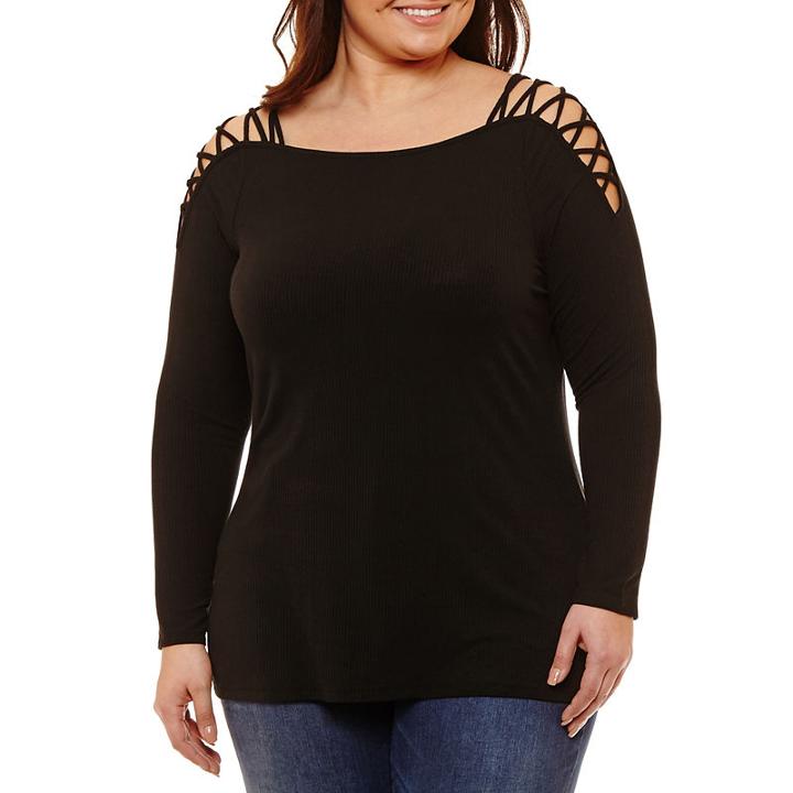 Bold Elements Lattice Cold Shoulder Woven Blouse-plus