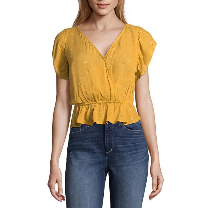 Arizona Short Sleeve V Neck Gauze Blouse-juniors