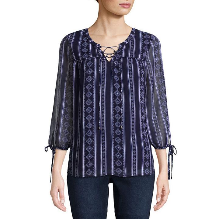 St. John's Bay 3/4 Sleeve Split Crew Neck Woven Lined Blouse
