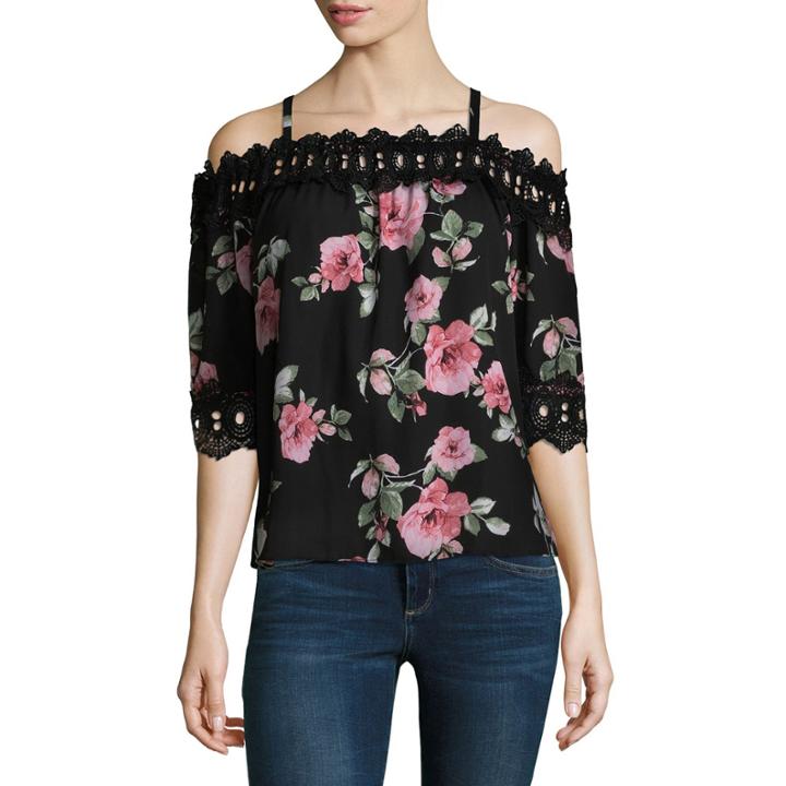 By & By Elbow Sleeve Off The Sholder Floral Blouse-juniors