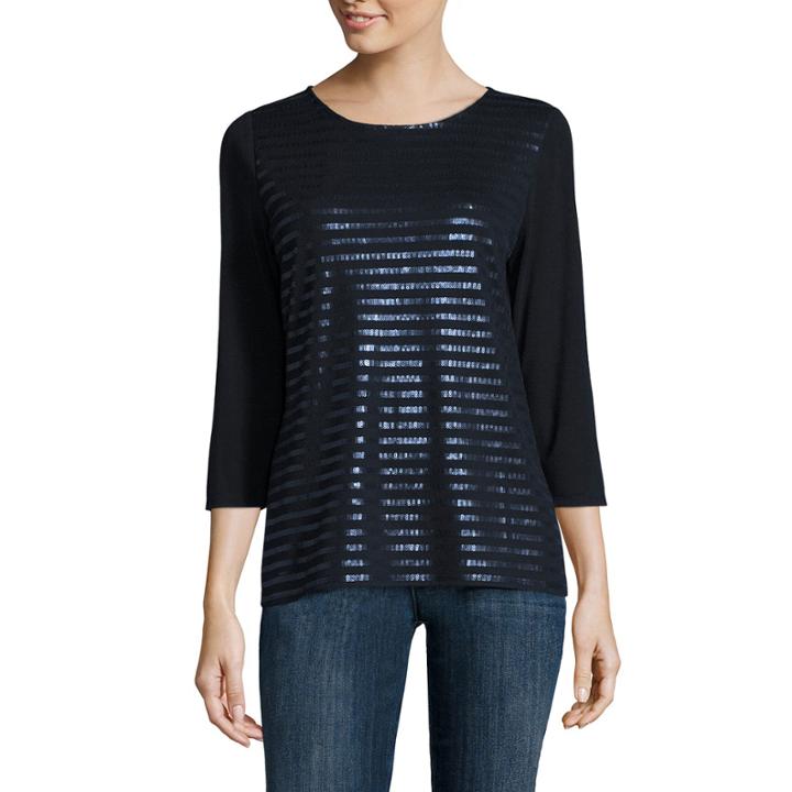 Liz Claiborne 3/4 Sleeve Sequin Stripe Tee