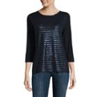 Liz Claiborne 3/4 Sleeve Sequin Stripe Tee