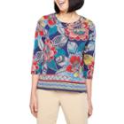 Alfred Dunner Out Of The Blue 3/4 Sleeve Split Crew Neck T-shirt-womens Petites
