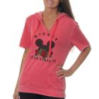 Mickey Mouse Juniors' Original 1928 Mouse Ears Burnout Wash Split Neck Short Sleeve Graphic Hoodiewith Rose Embroidery
