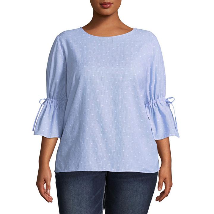 Boutique + Tie Sleeve 3/4 Sleeve Crew Neck Woven Blouse-plus