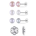 Cultured Freshwater Button Pearls & Sterling Silver Earring Jackets 4-pc. Earrings Set