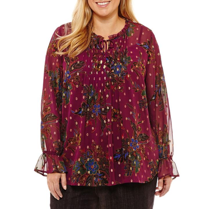 Liz Claiborne Long Sleeve Ruffle Tie Neck Floral Blouse-plus