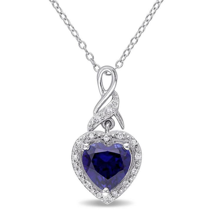 Womens Diamond Accent Blue Sapphire Sterling Silver Heart Pendant Necklace