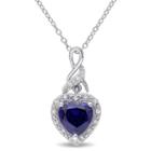Womens Diamond Accent Blue Sapphire Sterling Silver Heart Pendant Necklace