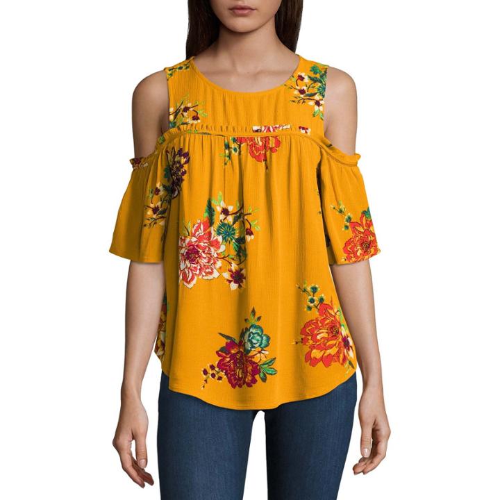 Eyeshadow Short Sleeve Woven Floral Blouse-juniors