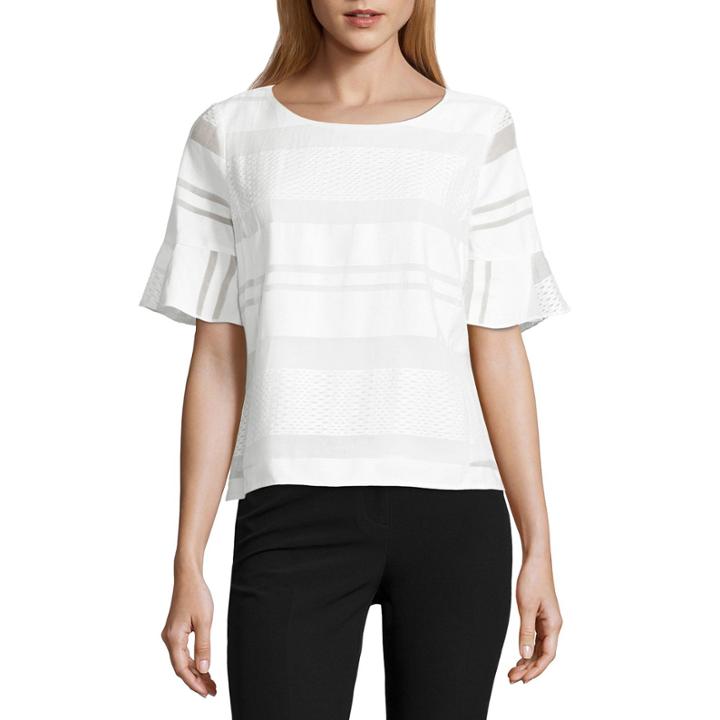 Liz Claiborne Elbow Sleeve Round Neck Woven Blouse