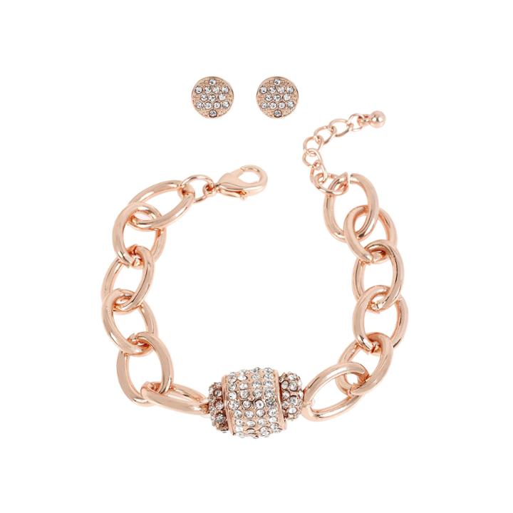 Worthington Rose Gold-tone Chain Crystal Barrel Bracelet And Stud Earring Set