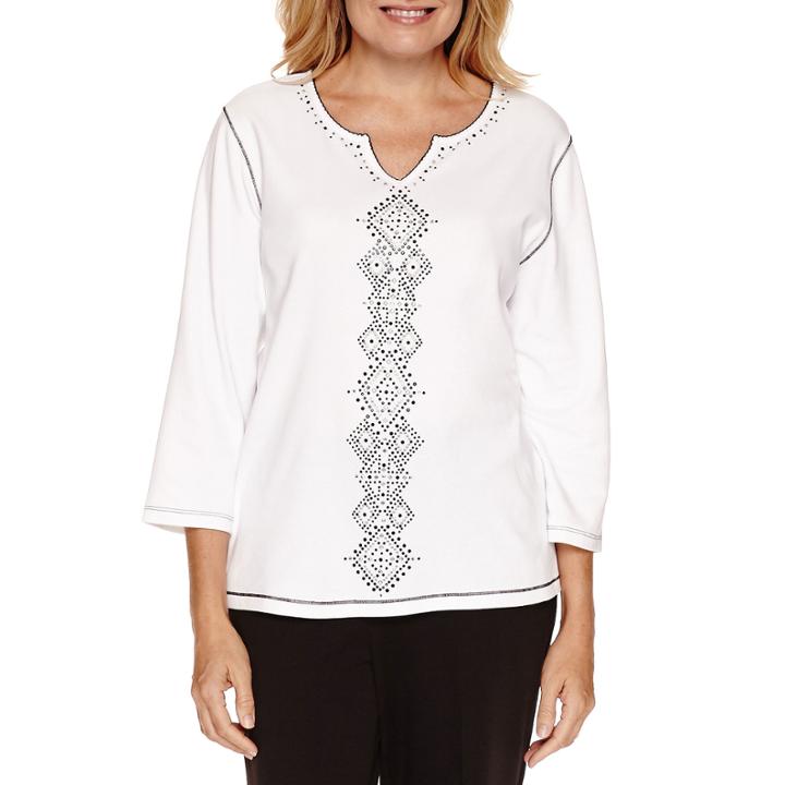 Alfred Dunner Casual Friday 3/4 Sleeve Center Embroidery Top