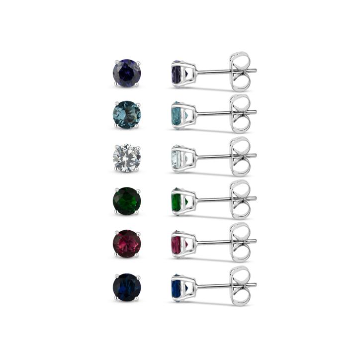 Sterling Silver 5mm Round Simulated Gemstone 6 Earring Pair Set