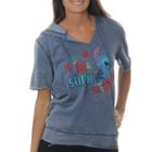 Lilo & Stitch Juniors' Character Pose With Roses Burnout Wash Split Neck Short Sleeve Graphic Hoodiewith Rose Embroidery