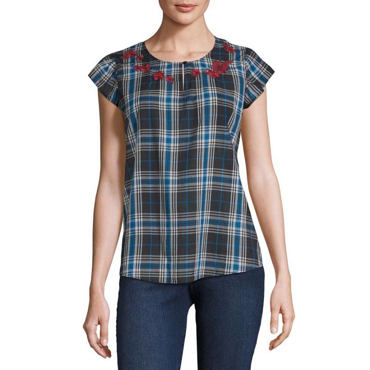 Liz Claiborne Short Sleeve Crew Neck Woven Embroidered Blouse