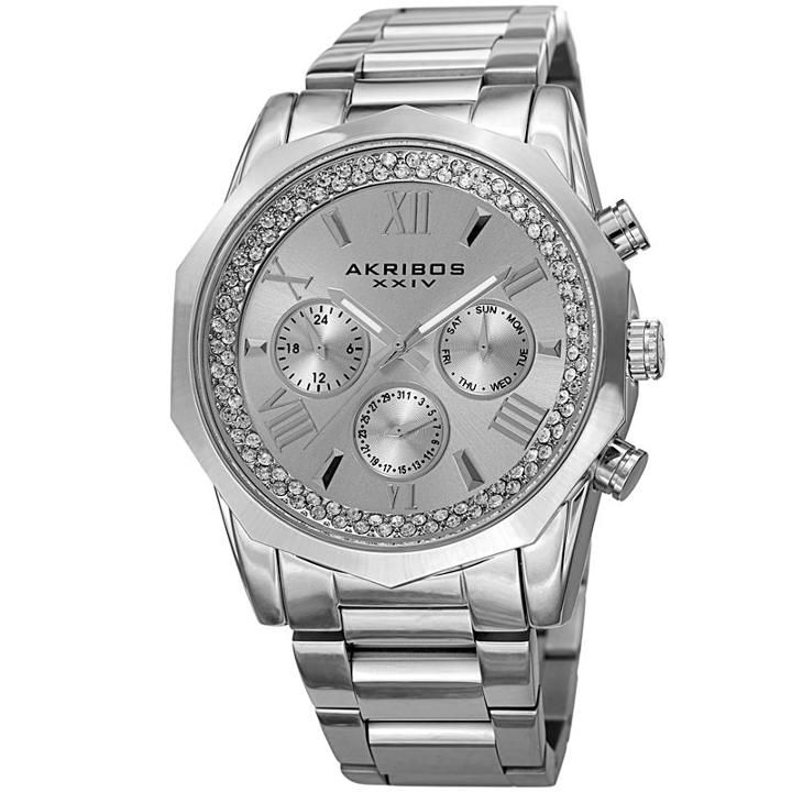 Akribos Xxiv Mens Silver Tone Strap Watch-a-999ss