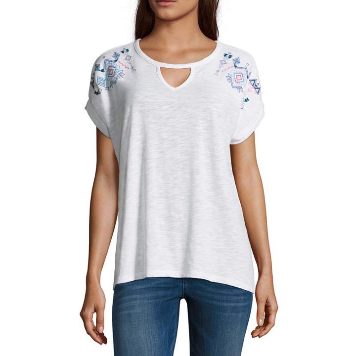 A.n.a. Short Sleeve Embroidered Keyhole T-shirt-womens