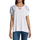 A.n.a. Short Sleeve Embroidered Keyhole T-shirt-womens