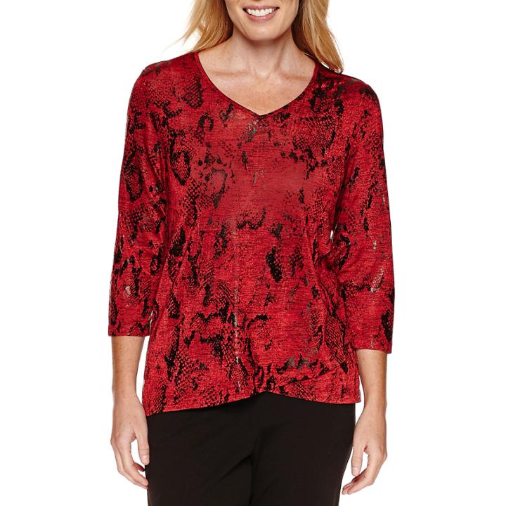 Alfred Dunner Tis The Season 3/4 Sleeve Print Top