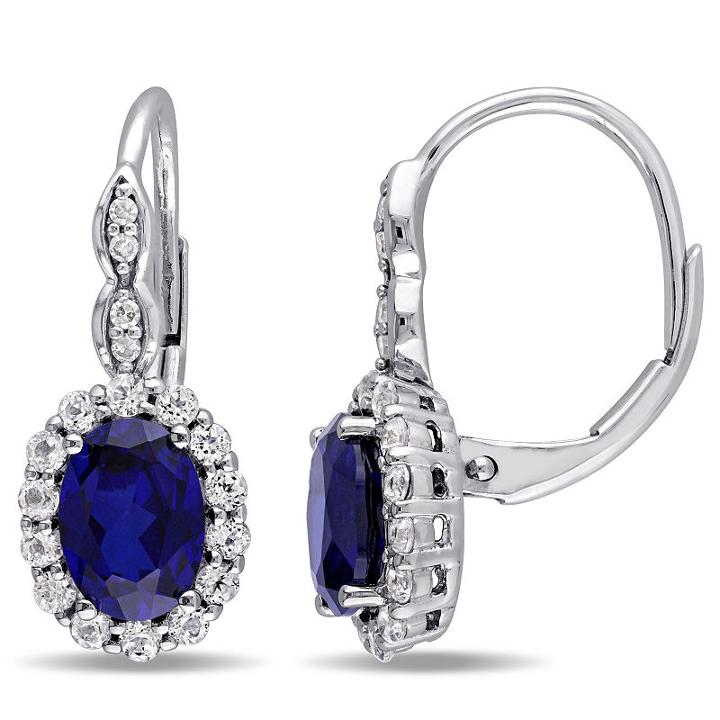 Diamond Accent Lab Created Blue Sapphire 14k Gold Drop Earrings