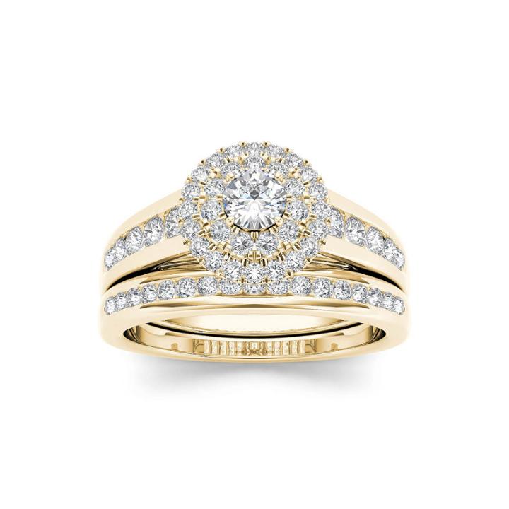 7/8 Ct. T.w. Diamond 10k Yellow Gold Halo Bridal Ring Set