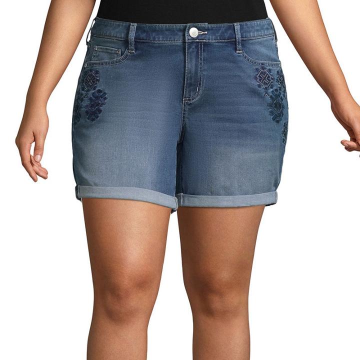 Boutique + 6 Embroidered Rolled-up Denim Shorts - Plus