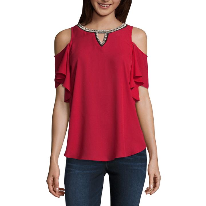 By & By Short Sleeve Crew Neck Crepe Blouse-juniors