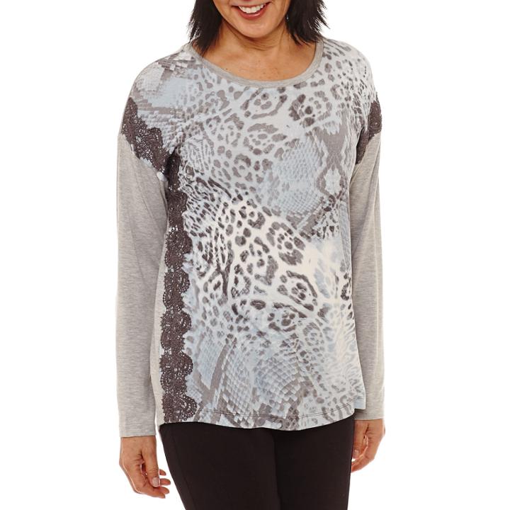 Lark Lane Silver Screen 3/4 Sleeve Jewel Neck T-shirt-womens