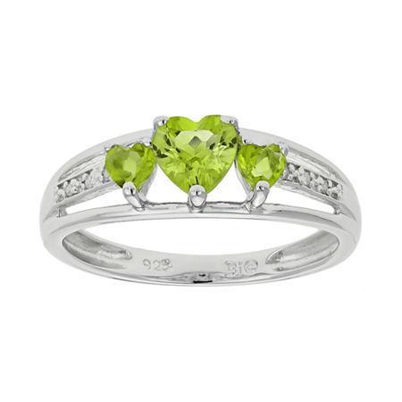 Genuine Peridot & Diamond-accent Heart-shaped 3-stone Sterling Silver Ring