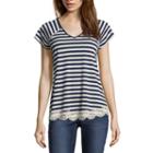 Rewind Short Sleeve V Neck Stripe T-shirt-womens Juniors