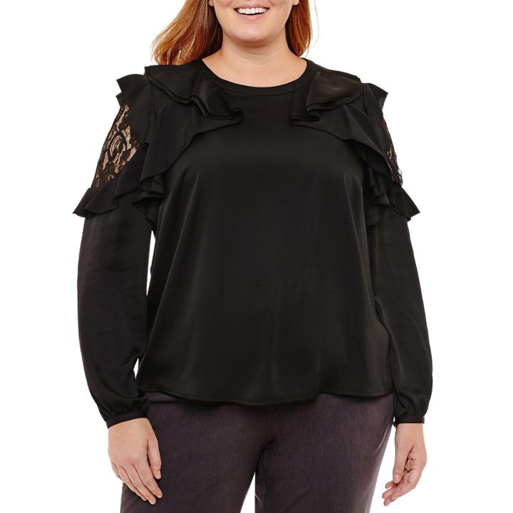 Worthington Long Sleeve Lace Inset Woven Blouse-plus