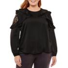 Worthington Long Sleeve Lace Inset Woven Blouse-plus