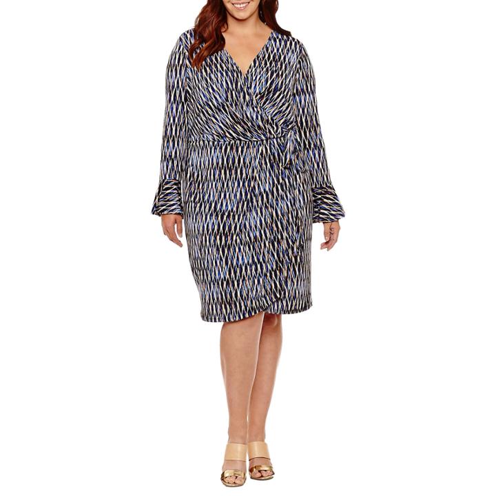 London Times Long Sleeve Wrap Dress-plus