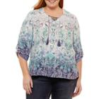 St. John's Bay 3/4 Sleeve Printed Lace Up Blouse - Plus