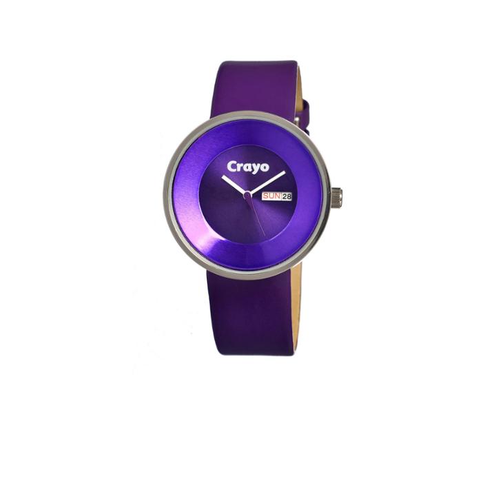 Crayo Unisex Button Purple Leather-band Watch With Day & Date Cracr0201
