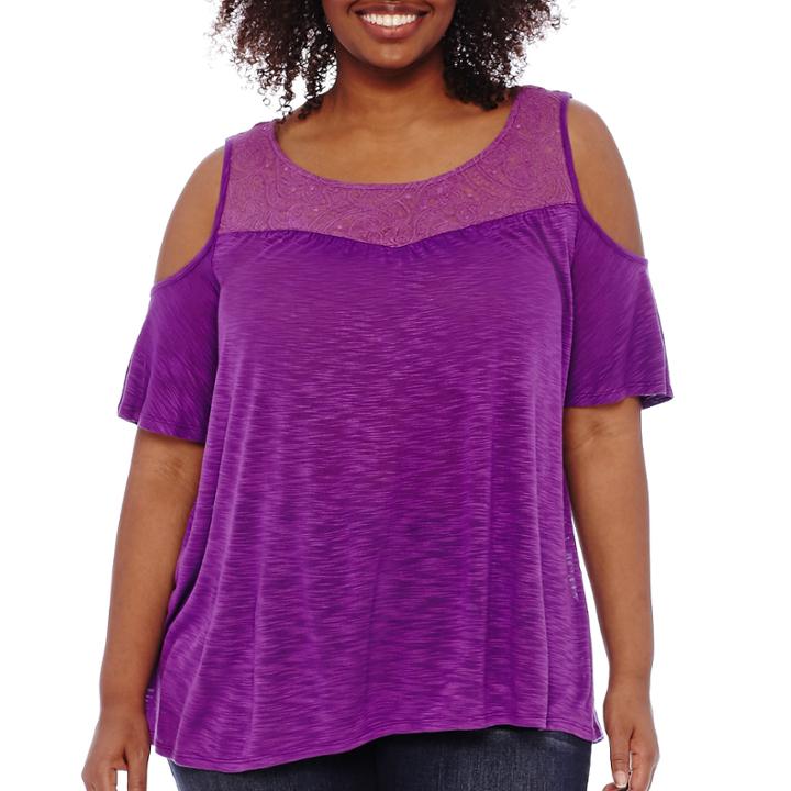 A.n.a Short-sleeve Cold Shoulder Lace Front Top - Plus