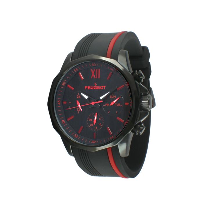 Peugeot Mens Black And Red Silicone Strap Sport Watch 2046brd