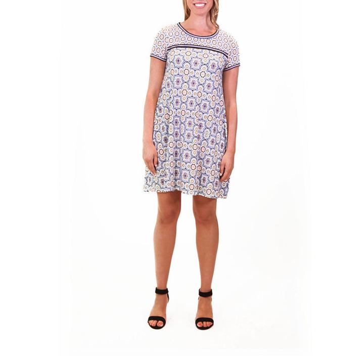 Nina Leonard Printed Dress With Contrast Border