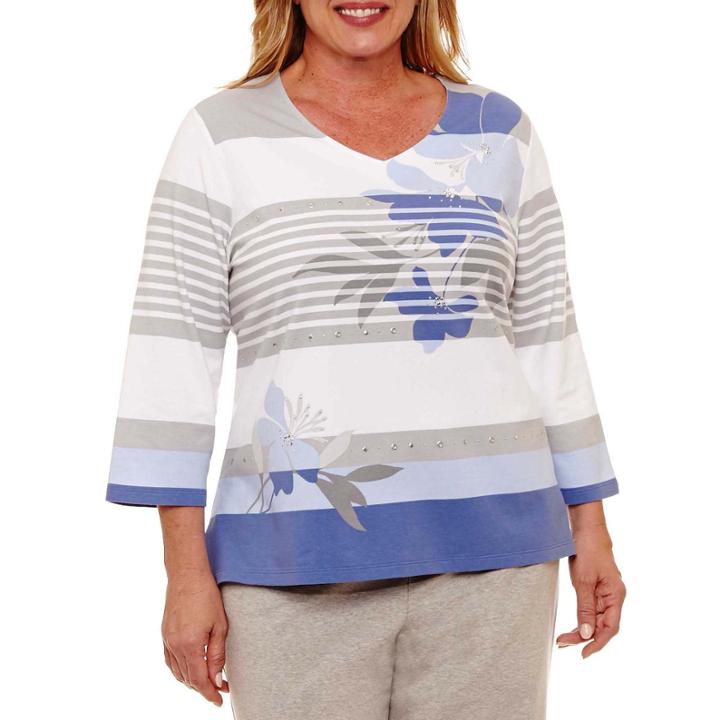 Alfred Dunner Long Weekend Stripe Floral T-shirt-womens Plus