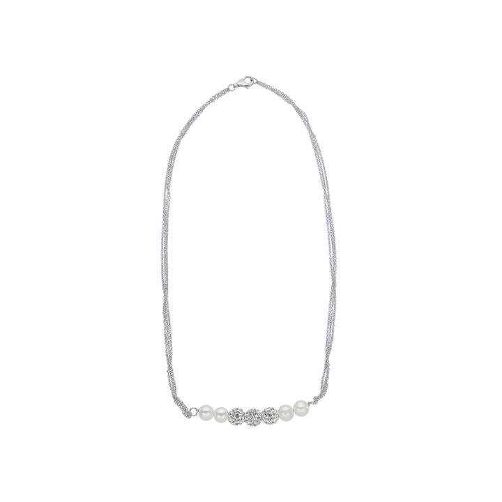 Cultured Freshwater Pearl And White Crystal Sterling Silver Multi-chain Necklace