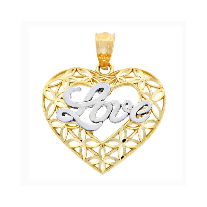 14k Two-tone Gold Diamond-cut Love Heart Charm Pendant