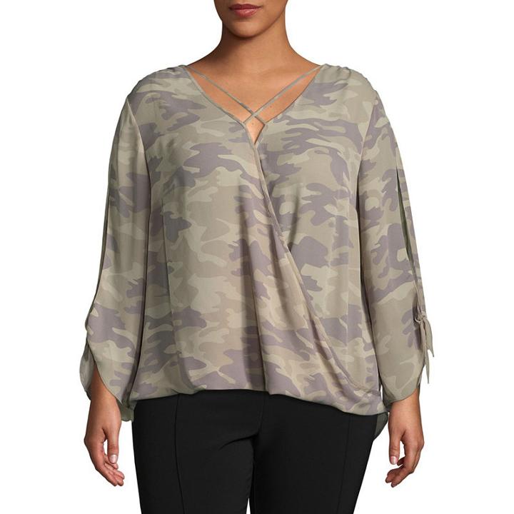 Bold Elements Long Sleeve V Neck Woven Blouse-plus