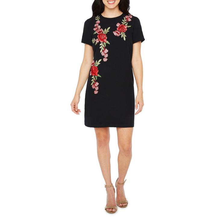 R & K Originals Short Sleeve Floral Applique Sheath Dress