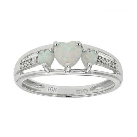Lab-created Opal & Diamond-accent Heart-shaped 3-stone 10k White Gold Ring